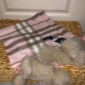 Burberry Pink Cashmere + Fox Fur Pom Pom Scarf